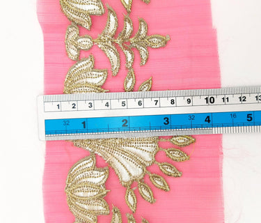 Pink Tissue Fabric Lace Trim with Gota Patti Embroidery, Foiled Embroidery in Silver, Sari Border Trim By Yard Decorative Trim Craft Lace